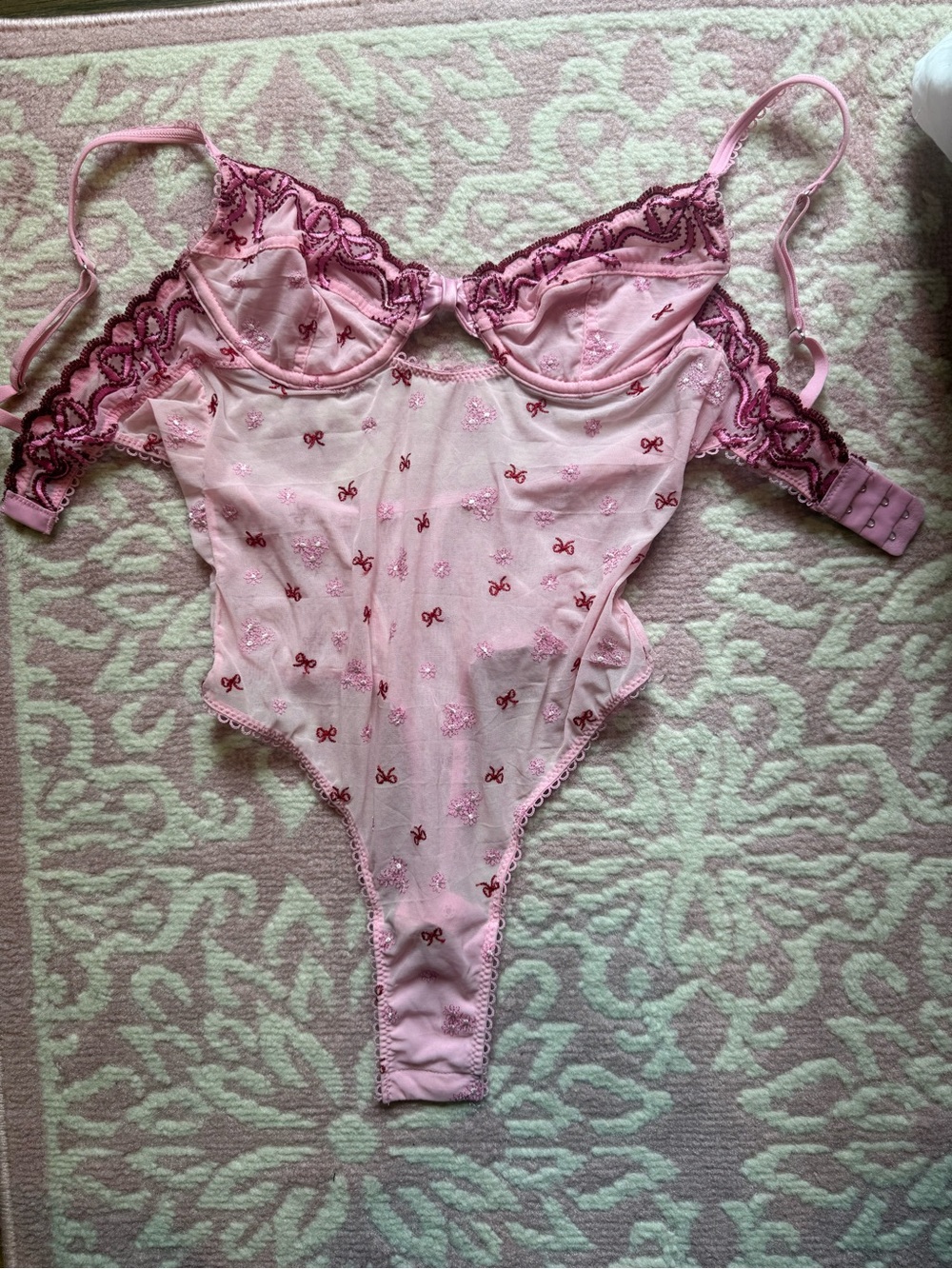Cotton On Body Pink Sheer Lace Embroidered Bodysuit